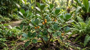 Tanaman Tabat Barito Ficus deltoidea dengan daun hijau dan buah kecil