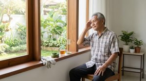Pria lanjut usia beristirahat karena badan terasa cepat lelah